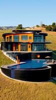 glatt schwarz Haus mit auffällig Orange Akzente und Schwimmen Schwimmbad auf ein Hügel generativ ai foto