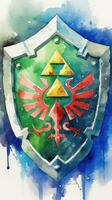 Aquarell Gemälde von Links Schild von Legende von Zelda ai generiert foto