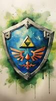 Aquarell Gemälde von Links Schild von Legende von Zelda ai generiert foto