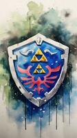 Aquarell Gemälde von Links Schild von Legende von Zelda ai generiert foto