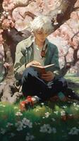 Anime Mann lesen Poesie unter alt Baum ai generiert foto