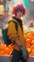 Anime Mann mit lockig lila Haar im ein geschäftig Marktplatz ai generiert foto