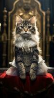 charmant Kätzchen Entscheidung ein Königreich auf ein Bühne ai generiert foto