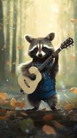 süß Waschbär spielen Banjo auf Bluegrass Musik- Bühne ai generiert foto