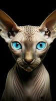 süß Sphynx Katze mit Blau Augen im dunkel Beige und Himmel Blau ai generiert foto