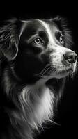 schwarz und Weiß Hund auf dunkel Hintergrund im voll Fokus generativ ai foto