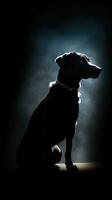 Silhouette von ein Hund auf dunkel Hintergrund generativ ai foto