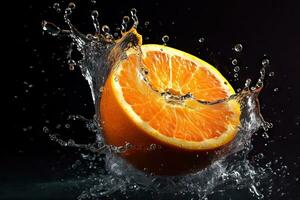 frisch Orange Obst geschnitten mit ein Saft Spritzen ai generiert foto