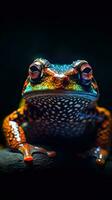 Pop Kunst Frosch auf dunkel Hintergrund generativ ai foto