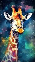 Aquarell Giraffe auf dunkel Hintergrund generativ ai foto