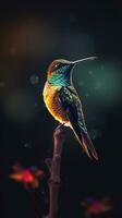 Silhouette von ein Kolibri auf dunkel Hintergrund im voll Fokus generativ ai foto