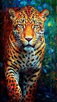 Leopard im befleckt Glas Stil auf dunkel Hintergrund generativ ai foto