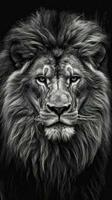majestätisch schwarz und Weiß Löwe auf dunkel Hintergrund ai generiert foto