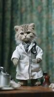 schön Kätzchen Behandlung Patienten auf ein Krankenhausthema Bühne ai generiert foto