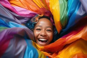 asiatisch homosexuell Fröhlich Paar mit ein Flagge hoch Qualität Bild ai generiert foto