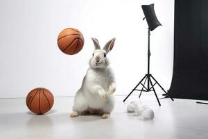 glücklich Weiß Hase im Basketball Uniform posieren Nächster zu Korb foto