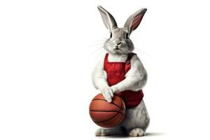 glücklich Weiß Hase im Basketball Uniform posieren Nächster zu Korb foto