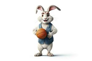 glücklich Weiß Hase im Basketball Uniform posieren mit Basketball foto