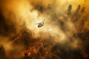 Hubschrauber Kampf Wald Feuer mit Wasser fallen foto