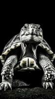 schwarz und Weiß Schildkröte auf dunkel Hintergrund ai generiert foto