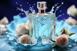 Parfüm Flasche untergetaucht im Wasser mit Blau und celeste Farben ai generiert foto