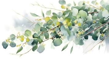 elegant Aquarell Blumen- Mode Hintergrund mit Eukalyptus und Olive Grün Blätter ai generiert foto