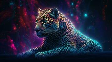 meditieren Jaguar im trippy äußere Raum mit Neon- Fraktale generativ ai foto