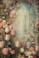 Sanft und verträumt Jahrgang Blumen- Rand von Tulpen und Rosen Manuskript foto