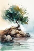 einsam Olive Baum auf felsig Strand ein minimalistisch Aquarell Gemälde generativ ai foto