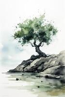 einsam Olive Baum auf felsig Strand ein minimalistisch Aquarell Gemälde generativ ai foto