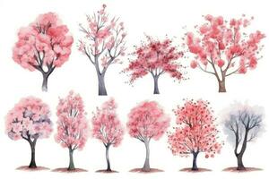 Kirsche blühen Aquarell Sammlung handgemalt Bäume einstellen generativ ai foto