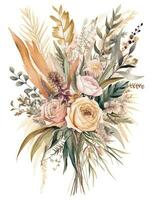 elegant Boho Hochzeit Strauß Aquarell Illustration mit detailliert Blumen und Grün generativ ai foto