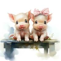 süß und flauschige Baby Schweine Sitzung auf ein Bank Aquarell Clip Art ai generiert foto