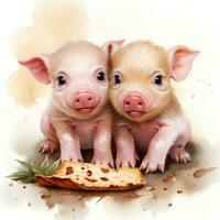 bezaubernd Baby Schweine genießen Pizza Aquarell Clip Art ai generiert foto