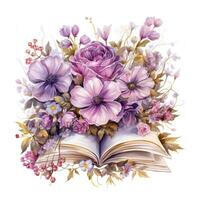 Aquarell Blumen- Buch Clip Art auf Weiß Hintergrund ai generiert foto