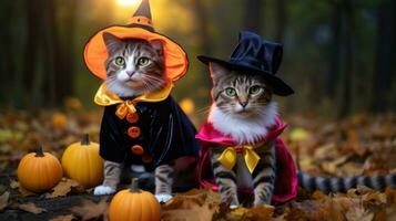 süß Katzen im Halloween Kostüme während Herbst ai generiert foto