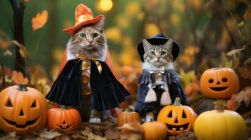 bezaubernd Halloween kostümiert Katzen im ein Herbst Rahmen ai generiert foto