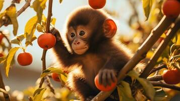 bezaubernd Baby japanisch Affe Klettern ein Persimmon Baum im Herbst ai generiert foto