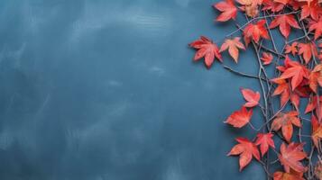 Herbst Blätter auf Blau Schiefer Hintergrund oben Aussicht ai generiert foto