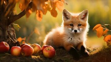 Herbst Fuchs im ein Apfel Ernte auf ein mild Herbst Tag ai generiert foto