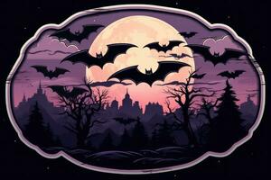 gespenstisch Halloween Aufkleber mit Mondschein Fledermäuse auf Weiß Hintergrund ai generiert foto
