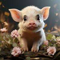 süß Baby Schwein mit minimalistisch Blumen ai generiert foto