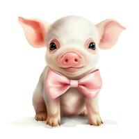 bezaubernd Baby Schwein Aquarell Clip Art mit Bogen Krawatte auf Weiß Hintergrund ai generiert foto