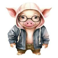 bezaubernd Schwein Aquarell Clip Art mit stilvoll Jacke ai generiert foto