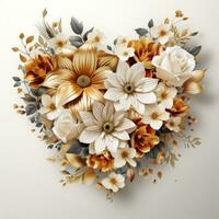 minimalistisch Blume dekoriert Gold Herz gestalten auf Weiß Hintergrund ai generiert foto