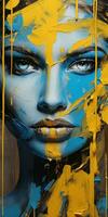 beschwingt stilisiert städtisch Kunst Frau mit Gelb Gesicht und Blau Töne ai generiert foto