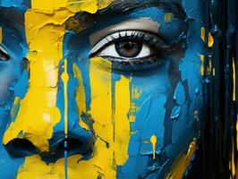 beschwingt Frau bedeckt im Blau und Gelb Farbe ai generiert foto