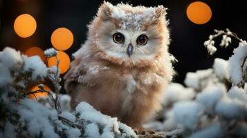 zauberhaft Winter Wald mit Baby Eule ai generiert foto