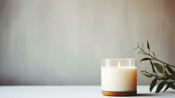 warm glühen Verbrennung Kerze im gefrostet Glas Container ai generiert foto