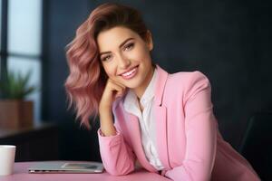 lächelnd Geschäftsfrau beim Büro Schreibtisch im Pop Kolorismus Stil ai generiert foto